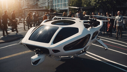 Unmanned passenger drones and air mobility of the future city. Yellow electric vertical takeoff and...