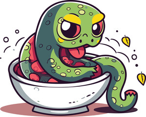 Funny cartoon snake in bowl. Vector illustration for your design.