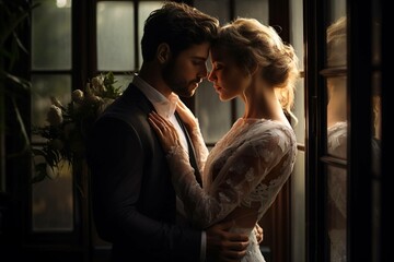 "Verliebte Blicke im Fensterlicht - Die zärtlichen Bilder eines Paares, wie sie sich vorm Fensterglas anschauen, erzählen eine Liebesgeschichte."