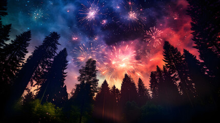 A stunning fireworks display takes place in the night sky above a forest of trees.  - Powered by Adobe