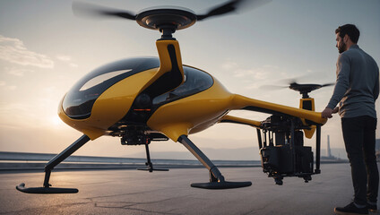 Urban Air Mobility concept: air car or taxi of the future. Orange unmanned passenger drone fits into urban air mobility. An electric air taxi flies high above the city