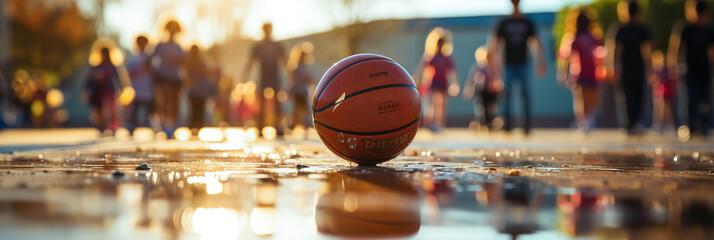 A basketball sitting on the ground in front of a group of children on background. - obrazy, fototapety, plakaty