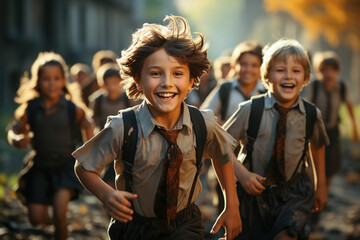 A group of young boys running down a street, going to school.