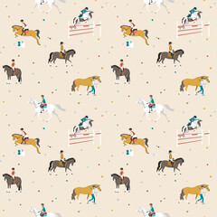 Young athletes ride horses, seamless vector pattern