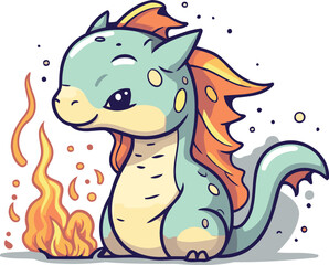 Cute cartoon dragon with fire on white background. Vector illustration.