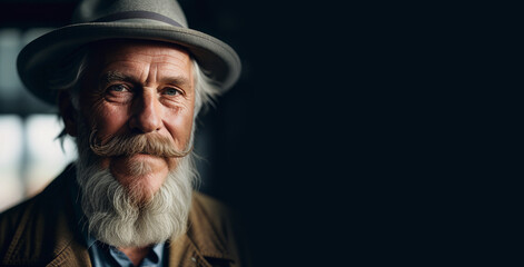Portrait of old bearded man in traditional felt hat, posing in studio on black background. Generative AI. - obrazy, fototapety, plakaty