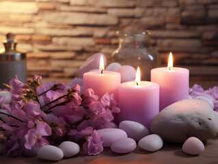 Obraz na płótnie Canvas Massage room, cozy atmosphere, candles, stones for stone therapy - Generative AI