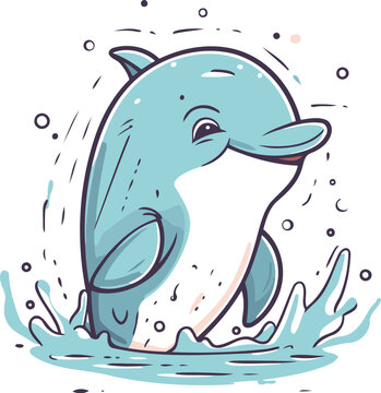 Cute cartoon dolphin. Vector illustration on white background. Hand drawn style.
