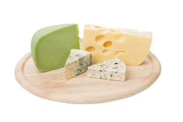 A set of different cheeses on a wooden platter.