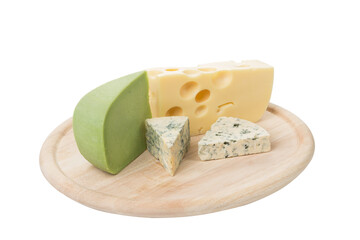 A set of different cheeses on a wooden platter.