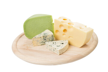 A set of different cheeses on a wooden platter.