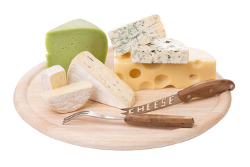 A set of different cheeses on a wooden platter. - 673459603