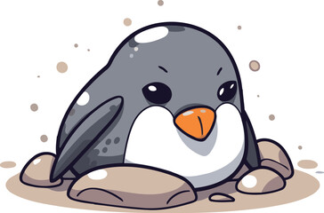 Naklejka premium Cute penguin sitting on the rock. Cartoon vector illustration.