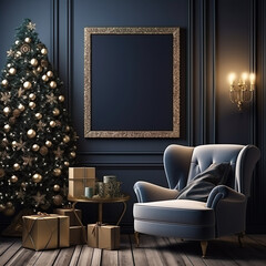 Navy blue living room, Christmas tree, golden gift box, Mock up, empty wall, Copy space