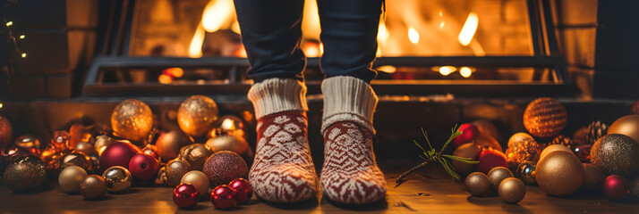 People wearing Christmas stockings stand in front of the fireplace. Low point of view, only legs visible. - obrazy, fototapety, plakaty