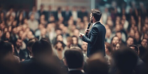 Motivational Speaker viewed from the back is giving a speech while the whole audience is listening to him at business conference - obrazy, fototapety, plakaty