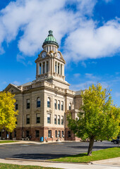 Corner of the Winneshiek County Courthouse and clock tower in Decorah, Iowa