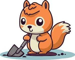 Squirrel with shovel. Cute cartoon character. Vector illustration.