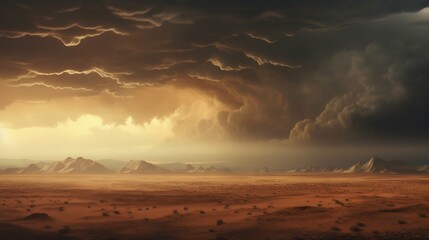 Tempest Above: Stormy Sky Brooding Over Desert Landscape. Generative ai