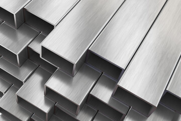 Aluminium or steel profiles for windows manufacturing. Stack of aluminium or steel profiles in warehouse. - obrazy, fototapety, plakaty