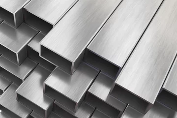 Foto op Plexiglas Aluminium or steel profiles for windows manufacturing. Stack of aluminium or steel profiles in warehouse. © simone_n