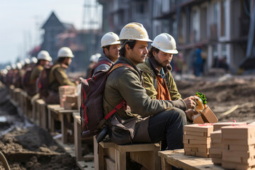 Construction workers eating lunch on a construction site during their lunch break. Eat fast food. - obrazy, fototapety, plakaty