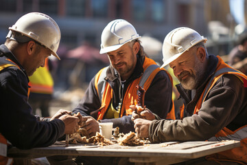 Construction workers eating lunch on a construction site during their lunch break. Eat fast food. - obrazy, fototapety, plakaty