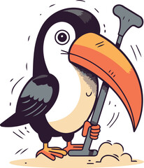 Cute cartoon toucan with an orange flag. Vector illustration.