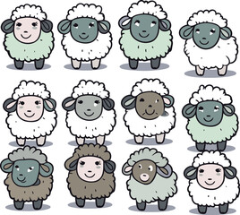 Fototapeta premium Cute cartoon sheeps collection. Vector illustration isolated on white background.