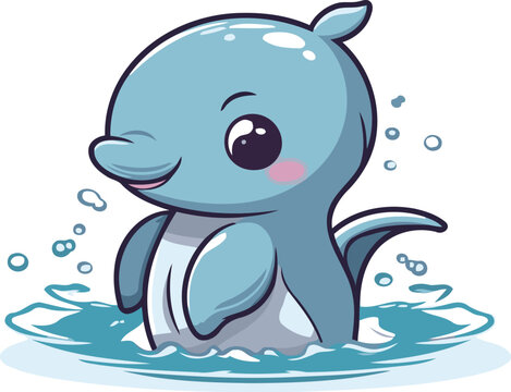 Cute cartoon baby whale swimming in the water. Vector illustration.