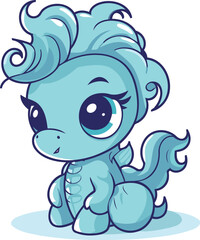 Cute cartoon blue pony isolated on white background. Vector illustration.