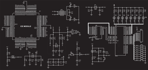 Vector electrical schematic diagram of a digital
electronic device with led indicators, operating under 
the control of a microcontroller.
Technical (engineering) drawing. - obrazy, fototapety, plakaty