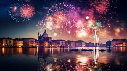 Colourful Fireworks in Venice and Reflection in Water. Festive fireworks over the Canal Grande in Venice - obrazy, fototapety, plakaty