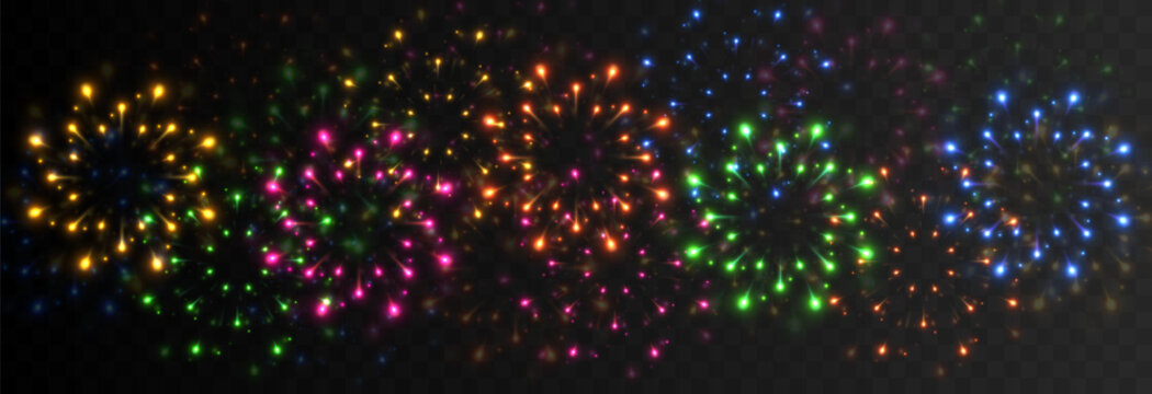 Multicolored fireworks explosions png. Fireworks of different shapes. Pyrotechnics, fireworks. Festive image.