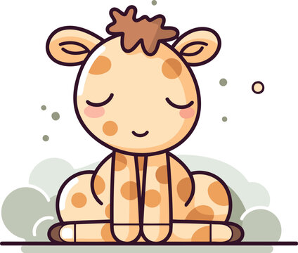 Cute cartoon giraffe sitting on the floor. Vector illustration.
