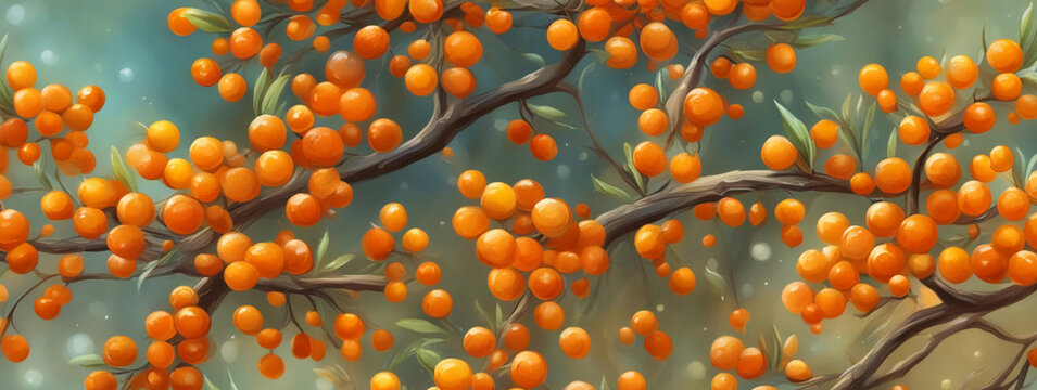 The harvest of sea-buckthorn on the branches. Generative AI.