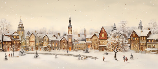 cute childhood style illustration of winter town cityscape, generative Ai