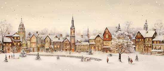 Papier Peint photo Lavable Beige cute childhood style illustration of winter town cityscape, generative Ai