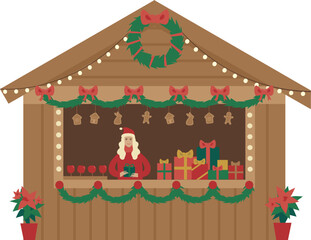 Christmas market pavilion with gift boxes apples and gingerbreads - 673462401