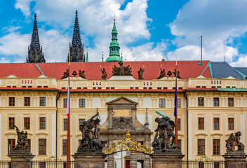 Fighting giants gate - entrance to Hradcany castle in Prague, Czech Republic