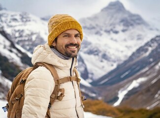 Fototapeta na wymiar Caucasian man smiling while hiking snowy mountains on winter vacation