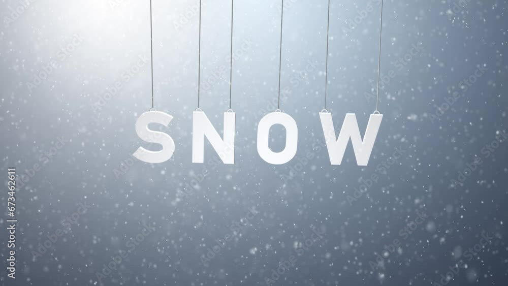 Poster snow word swing on the string on loop snowy animation background.