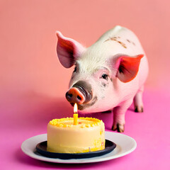 Mini pig with cake. Happy birthday greeting card created with generative ai technology