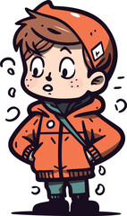 Cute little boy in winter clothes. Vector hand drawn illustration.