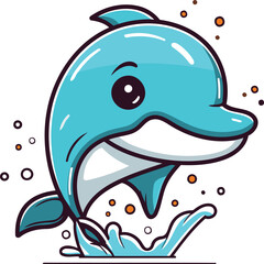 Cute cartoon dolphin jumping out of the water. Vector illustration.