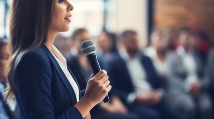 Close up view of woman giving speech at business meeting - obrazy, fototapety, plakaty