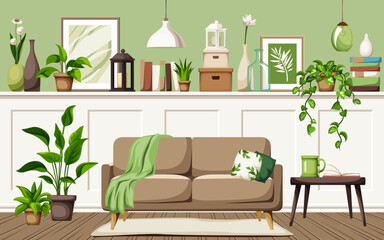 Living room interior with white wall panels, a sofa, a table, pictures, books, and houseplants. Cozy living room interior design. Cartoon vector illustration