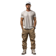 Fototapeta premium Confident man in a white cap and shirt, paired with beige cargo pants and light gray boots, posing with hands on hips against a transparent background.