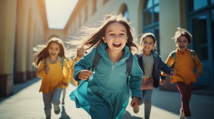 Naklejka premium Group of elementary school kids running in a school corridor