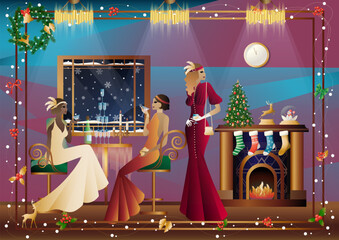 Well dressed people near a decorated fireplace with friends on New Year s Eve in a luxury restaurant or at home. Concept for holiday, winter holidays, New Year, Christmas